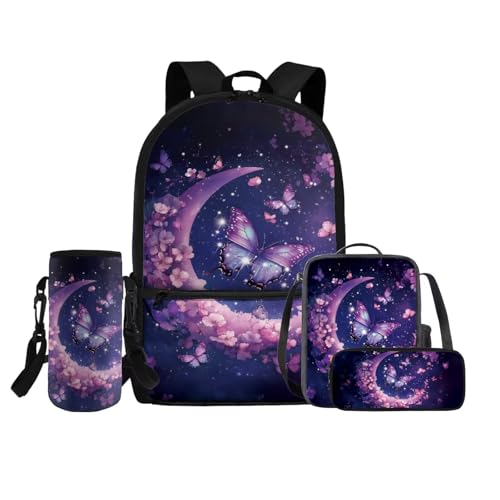 COEQINE 4 in 1 Rosa Rucksack für Mädchen 4 6 8 10 12 Jahre Mittelschule Tasche Set Lunchbox Bleistift Box Flaschenhalter Gurt, Lila Schmetterling Mond von COEQINE