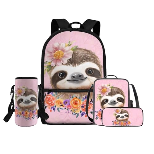 COEQINE 4 in 1 Rosa Rucksack für Mädchen 4 6 8 10 12 Jahre Mittelschule Tasche Set Lunchbox Bleistift Box Flaschenhalter Gurt, Rosa Faultier Gänseblümchen Floral von COEQINE