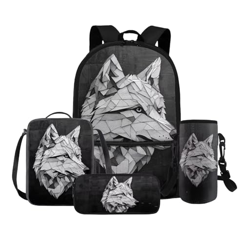 COEQINE 4 in 1 Wolf Rucksack für Mädchen 4 6 8 10 12 Jahre Grundschule Tasche Set Lunchbox Bleistift Box Flaschenhalter Gurt, 3D-Wolfskopf von COEQINE