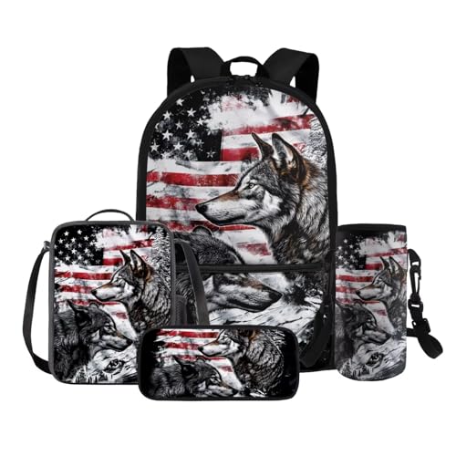 COEQINE 4 in 1 Wolf Rucksack für Mädchen 4 6 8 10 12 Jahre Grundschule Tasche Set Lunchbox Stiftebox Flaschenhalter Gurt, Amerikanische Flagge 4. Juli Wolf von COEQINE