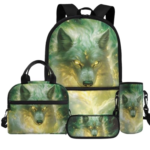 COEQINE 4-teiliger Jungen-Rucksack mit Lunchbox, 7 Jahre alt, großes Federmäppchen für Grundschule, Tasche für Kinder, Wandern, Grüner Neon-Wolf von COEQINE