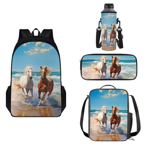 COEQINE Büchertaschen-Set mit Pferdemotiven, 4-teilig, Kinder-Rucksäcke für Teenager, Mädchen, Mittelschule, Lunchbox, Federmäppchen, große Wasserflasche, Beach Running Horse Cool Animal von COEQINE