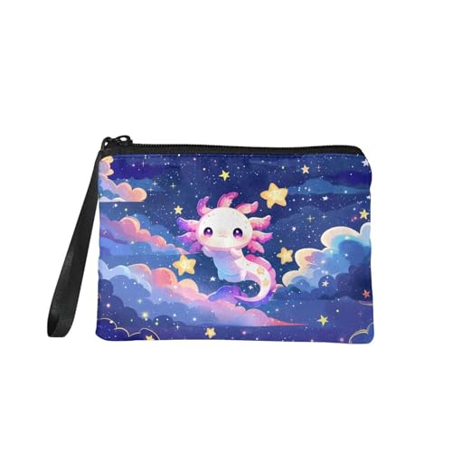 COEQINE Niedliche Weihnachtskatzen-Geldbörse für Damen, tragbare Geldbörse mit Schlüsselanhänger, tragbarer Flanellstoff, Axolotl Animal Space Purple, Münztasche von COEQINE