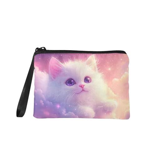 COEQINE Niedliche Weihnachtskatzen-Geldbörse für Damen, tragbare Geldbörse mit Schlüsselanhänger, tragbarer Flanellstoff, Niedliche Katze, Kawaii-Tier, Münztasche von COEQINE