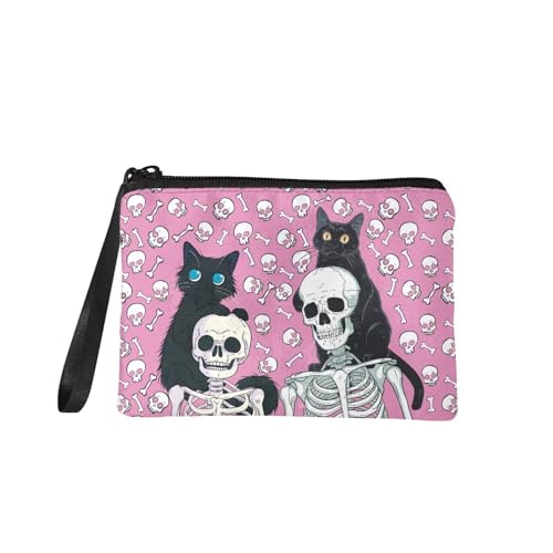 COEQINE Niedliche Weihnachtskatzen-Geldbörse für Damen, tragbare Geldbörse mit Schlüsselanhänger, tragbarer Flanellstoff, Rosa Halloween Paar Schädel Schwarze Katzen Niedlich, Münztasche von COEQINE