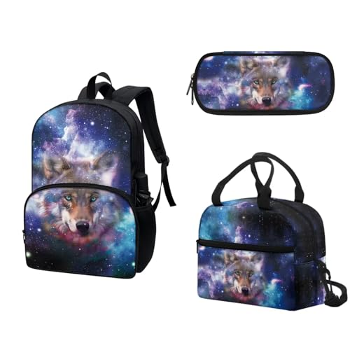 COEQINE Wolf Galaxy Rucksack für Mädchen 10–12, große Büchertasche und Lunchbox-Set mit Federmäppchen, große Kapazität, Vorschule, Mittelschule von COEQINE