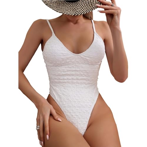 COLseller Bauchkontrolle Badeanzüge für Frauen Einteilige Spaghettiträger Abnehmen Vintage Retro Badeanzug,White,L von COLseller