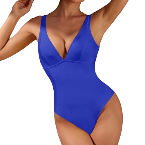 COLseller Damen Einteiler Badeanzüge Bauchkontrolle Badeanzug V-Ausschnitt Vintage Bademode,Blue,M von COLseller