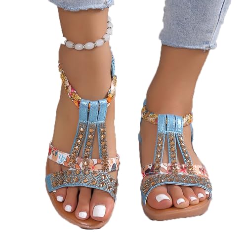 COLseller Damen Sandals Elegant Coole Mit Fussbett Sandaletten Sandalen Sommer Flache Zehentrenner Sandaletten Sommer Bohemian Flache,Blue,40 von COLseller