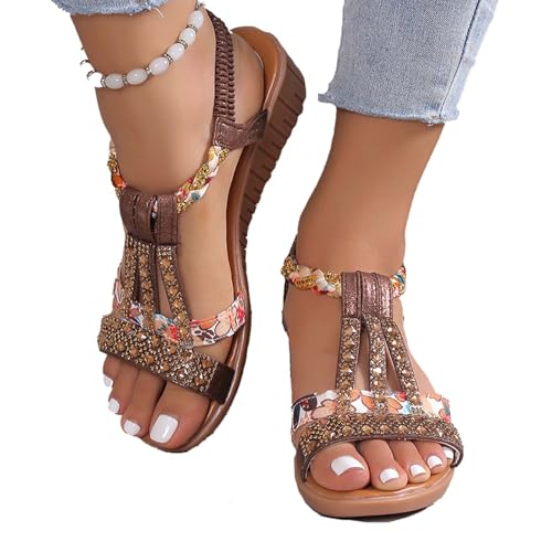 COLseller Damen Sandals Elegant Coole Mit Fussbett Sandaletten Sandalen Sommer Flache Zehentrenner Sandaletten Sommer Bohemian Flache,Brown,36 von COLseller