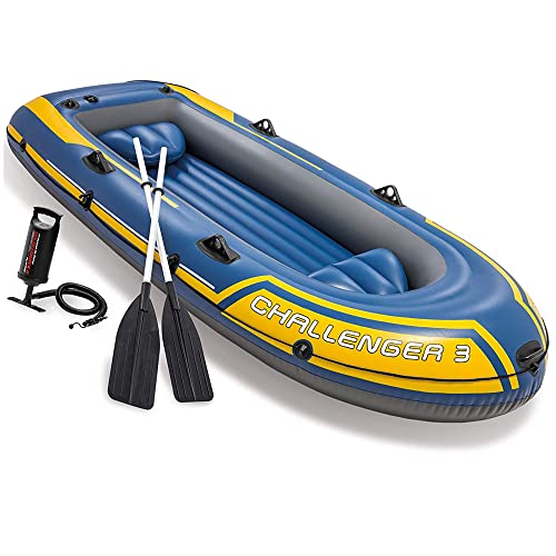 com-four® Ruderboot-Set für 3 Personen - Schlauchboot mit Paddeln, Pumpe, Sitzkissen - Luftboot mit Rudern, Doppelhubpumpe, Luftkissen - Paddelboot für Angler, Schwimmer, Taucher (3-Sitzer gelb-blau) von com-four