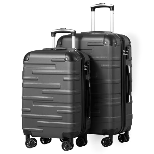 COOLIFE Hartschalen-Koffer Rollkoffer Reisekoffer Vergrößerbares Gepäck (Nur Großer Koffer Erweiterbar) ABS Material mit TSA-Schloss und 4 Rollen (Dunkelgrau, Set-2tlg（M+L）) von COOLIFE