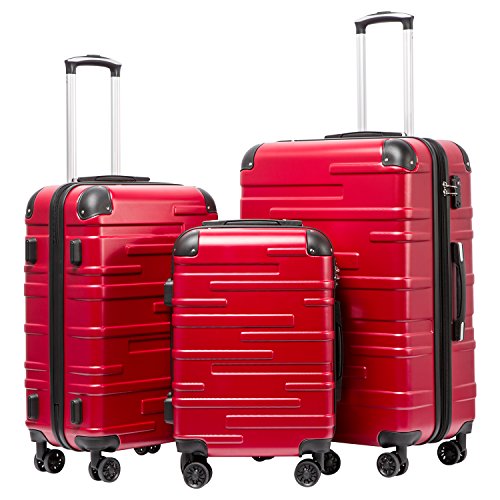 COOLIFE Hartschalen-Koffer Rollkoffer Reisekoffer Vergrößerbares Gepäck (Nur Großer Koffer Erweiterbar) ABS Material mit TSA-Schloss und 4 Rollen (Spinell rot, Koffer-Set) von COOLIFE