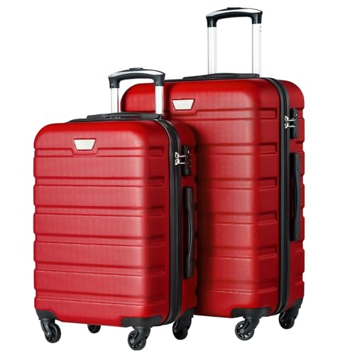 COOLIFE Hartschalen-Koffer Trolley Rollkoffer Reisekoffer ardschale Boardcase Handgepäck mit TSA-Schloss und 4 Rollen (Spinell rot, Set-2tlg(M + L)) von COOLIFE