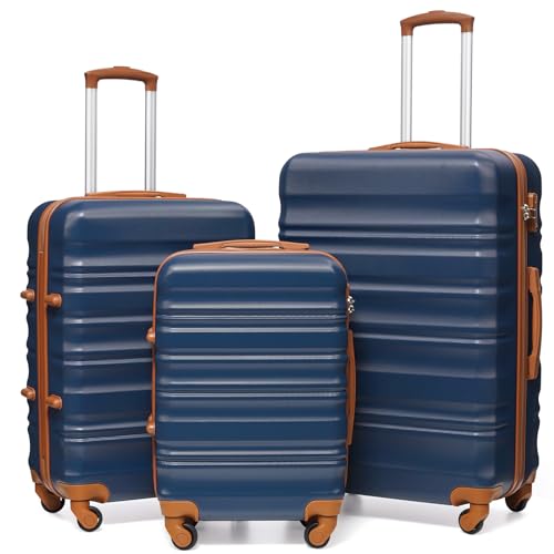 COOLIFE Hartschalen-Koffer Trolley Rollkoffer Reisekoffer mit TSA-Schloss und 4 Rollen (Blau/Braun, Koffer-Set) von COOLIFE