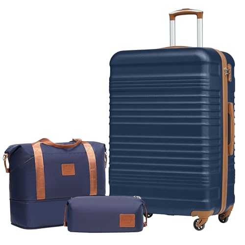 COOLIFE Koffer-Set Trolley Koffer ABS Hartschale Reisekoffer 4 Rollen TSA-Schloss einziehbarer Trolley Der Koffer Enthält 1 Reisetasche und 1 Kulturbeutel (Blau/Braun, Großer Koffer-Set 3tlg) von COOLIFE