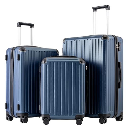 COOLIFE Koffer Trolley-Koffer Hartschalen-Koffer Rollkoffer Reisekoffervon ABS-Material mit TSA-Schloss Teleskopgriff und 4 Zwillingsrollen (Dunkelblau, Koffer-Set) von COOLIFE