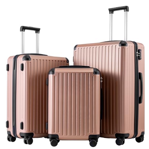 COOLIFE Koffer Trolley-Koffer Hartschalen-Koffer Rollkoffer Reisekoffervon ABS-Material mit TSA-Schloss Teleskopgriff und 4 Zwillingsrollen (Roségold, Koffer-Set) von COOLIFE