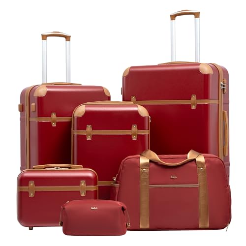 COOLIFE Koffer Trolley Koffer Reisekoffer ABS Hartschalen Trolley 4 Rollen TSA-Schloss Grosse Kapazität Der Koffer Enthält 1 Reisetasche und 1 Kulturbeutel (Rot/Braun, Koffer-Set 6tlg) von COOLIFE