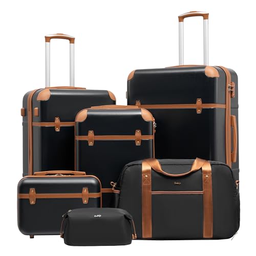 COOLIFE Koffer Trolley Koffer Reisekoffer ABS Hartschalen Trolley 4 Rollen TSA-Schloss Grosse Kapazität Der Koffer Enthält 1 Reisetasche und 1 Kulturbeutel (Schwarz/Braun, Koffer-Set 6tlg) von COOLIFE