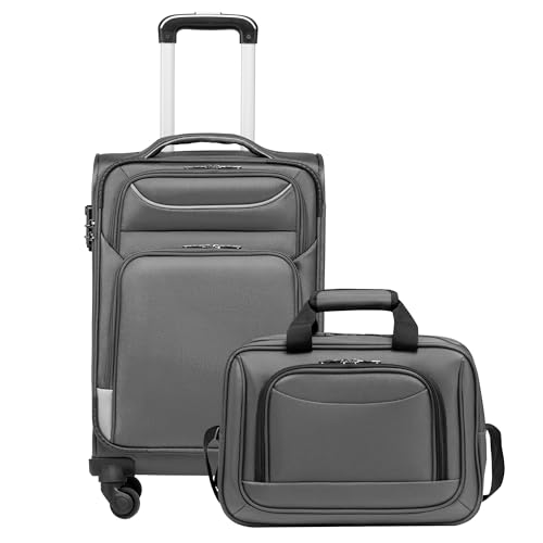 COOLIFE Koffer Trolley Koffer Reisekoffer von 4 Rollen Stoffkoffer Handgepäck TSA-Schloss Der Koffer Enthält 1 Große Umhängetasche (Handgepäck-Set 2tlg, Grau) von COOLIFE