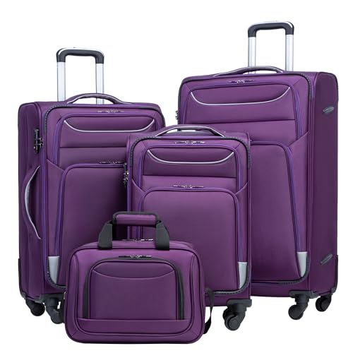 COOLIFE Koffer Trolley Koffer Reisekoffer von 4 Rollen Stoffkoffer Handgepäck TSA-Schloss Der Koffer Enthält 1 Große Umhängetasche (Koffer-Set 4tlg, lila+Silber) von COOLIFE