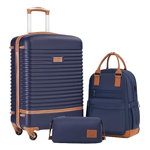 COOLIFE Koffer Trolley Koffer Reisekoffer von ABS Hartschalen Trolley 4 Rollen TSA-Schloss Der Koffer Enthält 1 Reiserucksack und 1 Kulturbeutel (Blau/Braun, Mittlerer Koffer-Set 3tlg) von COOLIFE