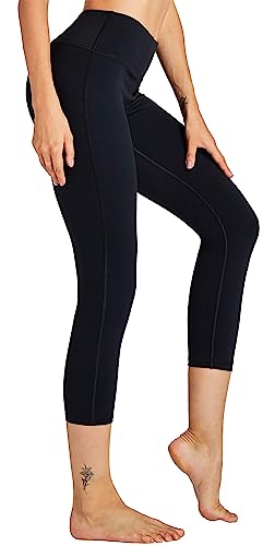 COOLOMG Damen Leggings Yoga Capris 3/4 Hosen Kompression Sport Trainingshose Schwarz M von COOLOMG