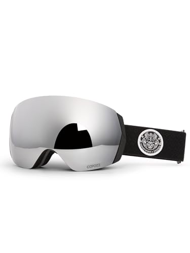 COPOZZ H2 Skibrille, Hyperbolische OTG-Schneebrille, Antibeschlag- und UV-Schutz, Austauschbare Linse, Snowboardbrille für Erwachsene Herren Damen–Schwarzer Rahmen, Silberne Linse (VLT 8,8%) von COPOZZ