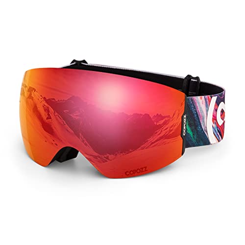 COPOZZ Skibrille, Snowboard Schneebrille gegen Blendung mit Antibeschlag Wechselobjektiv UV-Schutz Helmkompatibel Skibrillen für Männer Frauen Damen Teen (Schwarz Rahmen/Rot Linse(VLT 18%)) von COPOZZ