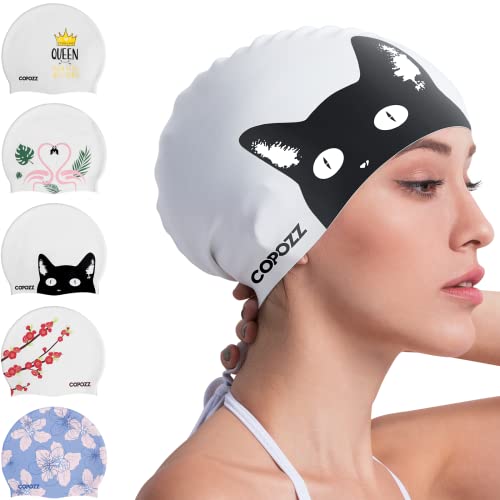 COPOZZ Badekappe für Damen, Silikon, wasserdicht, bequem, für langes Haar, mit Katzen-Aufdruck (Schwarze Katze, ab 12 Jahren) COPOZZ Badekappe für Damen, Silikon, wasserdicht, bequem, für langes Haar, mit Katzen-Aufdruck (Schwarze Katze, ab 12 Jahren) von COPOZZ
