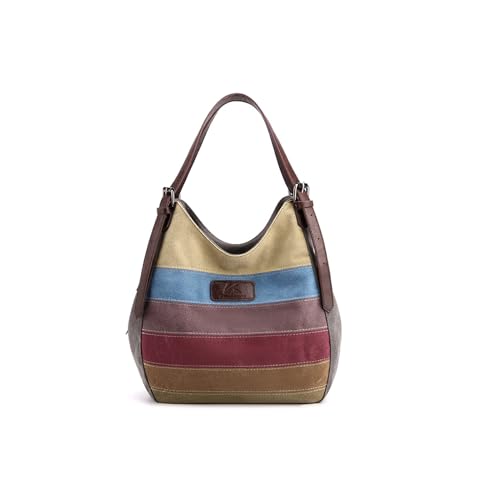 CORIOS Damen Canvas Schultertasche Multi-Color Streifen Handtasche Vintage Henkeltaschen Große Tragetasche Henkeltasche mit Mehreren Taschen Casual Tote Beutel Grau CORIOS Damen Canvas Schultertasche Multi-Color Streifen Handtasche Vintage Henkeltaschen Große Tragetasche Henkeltasche mit Mehreren Taschen Casual Tote Beutel Grau von CORIOS
