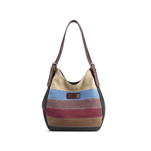 CORIOS Damen Canvas Schultertasche Multi-Color Streifen Handtasche Vintage Henkeltaschen Große Tragetasche Henkeltasche mit Mehreren Taschen Casual Tote Beutel Schwarz von CORIOS