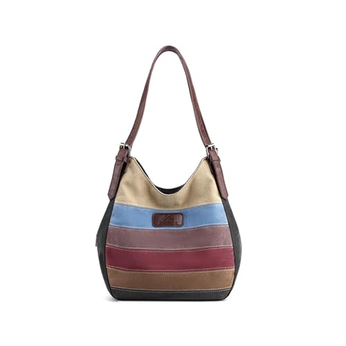 CORIOS Damen Canvas Schultertasche Multi-Color Streifen Handtasche Vintage Henkeltaschen Große Tragetasche Henkeltasche mit Mehreren Taschen Casual Tote Beutel Schwarz CORIOS Damen Canvas Schultertasche Multi-Color Streifen Handtasche Vintage Henkeltaschen Große Tragetasche Henkeltasche mit Mehreren Taschen Casual Tote Beutel Schwarz von CORIOS
