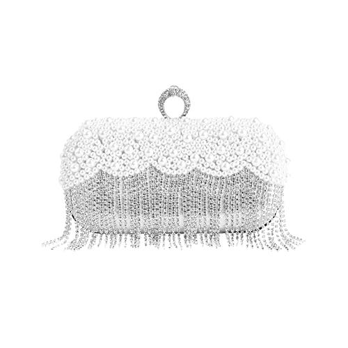 CORIOS Damen Clutch Perlen Strass Fransen Abendtasche Braut Handtasche Abnehmbarer Kette Umhängetasche Elegant Schultertasche für Hochzeit Abendparty Geburtstag Tanzparty Bankett Silber von CORIOS