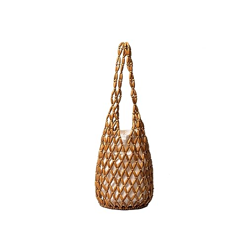 CORIOS Damen Gewebte Handtasche Holz Perlen Henkeltaschen Openwork Tragetasche Retro Eimer Taschen Böhmische Tote Beutel Sommer Strand Tasche Gestrickte Tasche für Reise Urlaub Strand Braun von CORIOS