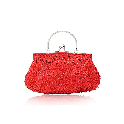 CORIOS Damen Handgemachte Perle Handtasche Floral Abendtasche Vintage Clutch Tasche Elegante Schultertasche Klein Tasche Kette Umhängetasche Hochzeit Bankett-Party Abschlussball Tasche Rot von CORIOS