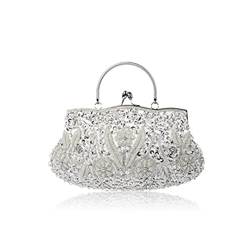 CORIOS Damen Handgemachte Perle Handtasche Floral Abendtasche Vintage Clutch Tasche Elegante Schultertasche Klein Tasche Kette Umhängetasche Hochzeit Bankett-Party Abschlussball Tasche Silber von CORIOS