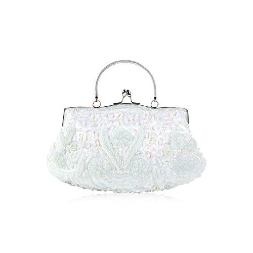 CORIOS Damen Handgemachte Perle Handtasche Floral Abendtasche Vintage Clutch Tasche Elegante Schultertasche Klein Tasche Kette Umhängetasche Hochzeit Bankett-Party Abschlussball Tasche Weiß von CORIOS