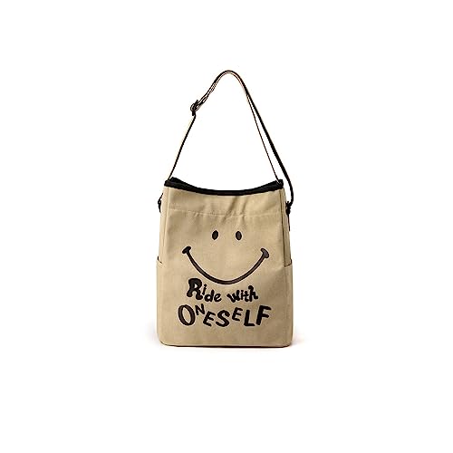 CORIOS Damen Handtasche Canvas Schultertasche Smiley Face Henkeltaschen Kordelzug Tragetasche Casual Tote Beutel Mode Eimer Taschen Lässig Henkeltasche für Shopper Arbeit Reise Khaki von CORIOS