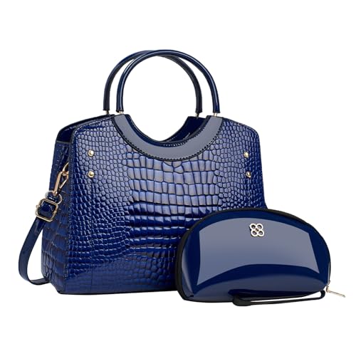 CORIOS Damen PU Leder Handtasche Krokodil-Muster Schultertaschen Wasserdicht Umhängetaschen Große Kapazität Tragetasche Henkeltaschen Retro Tote Beutel Elegant Messenger-Tasche 2pcs Blau von CORIOS