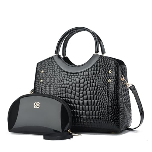 CORIOS Damen PU Leder Handtasche Krokodil-Muster Schultertaschen Wasserdicht Umhängetaschen Große Kapazität Tragetasche Henkeltaschen Retro Tote Beutel Elegant Messenger-Tasche 2pcs Schwarz von CORIOS