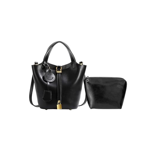 CORIOS Damen PU Leder Handtasche Wasserdicht Schultertaschen Umhängetaschen Kleine Henkeltaschen Retro Tragetasche Messenger-Tasche Leicht Tote Beutel Eimer Taschen 2pcs Schwarz von CORIOS