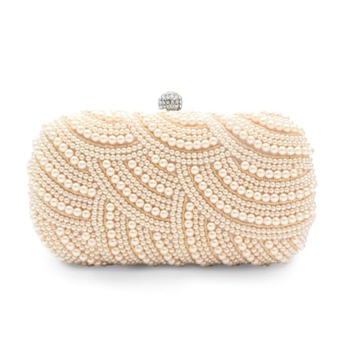 CORIOS Damen Perlen Abendtasche Luxus Strass Clutch Tasche Hochzeit Brautbörse Diamant Portemonnaie Tasche Kette Schultertasche Elegante Handtasche Abendparty Geldbörse Umhängetasche Beige von CORIOS