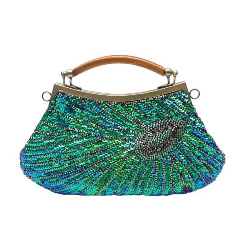 CORIOS Damen Pfau Abendtasche Luxus Perlen Clutch Tasche Glitzernd Pailletten Handtasche Klein Tasche Kette Schultertasche Elegante Abschlussball Hochzeit Bankett-Party Umhängetasche Grün von CORIOS