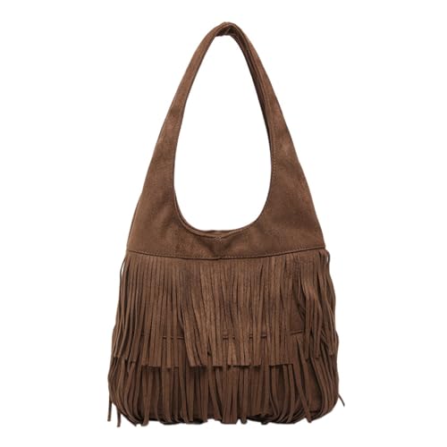 CORIOS Damen Wildleder Handtasche Vintage Fransen Hobo Taschen für Frauen Schultertasche mit Quasten Retro Tragetasche Weiches Kunstleder Henkeltaschen Elegant Arbeit Shopper Reise Tote Beutel Kaffee von CORIOS