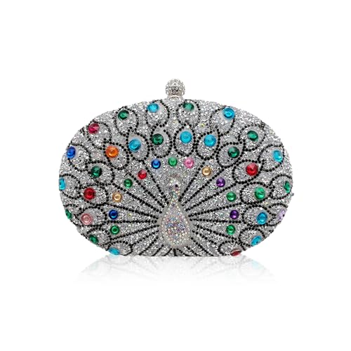 CORIOS Pfau Abendtasche für Damen Shiny Strass Clutch Tasche Diamant Clutch Tasche Kette Schultertasche Klein Tasche Elegante Luxus Abschlussball Hochzeit Bankett-Party Umhängetasche Silber CORIOS Pfau Abendtasche für Damen Shiny Strass Clutch Tasche Diamant Clutch Tasche Kette Schultertasche Klein Tasche Elegante Luxus Abschlussball Hochzeit Bankett-Party Umhängetasche Silber von CORIOS