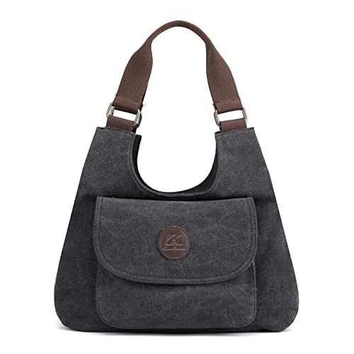 CORIOS Retro Damen Achseltasche Canvas Henkeltaschen Schultertasche Casual Handtasche Tragetasche Multifunktionale Henkeltasche Unterarmtasche für Arbeit Schule Shopper Reise Alltag Schwarz von CORIOS