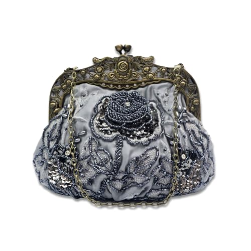 CORIOS Vintage 1920s Abendtasche Damen Floral Clutch Tasche Handgemachte Perle Handtasche Klein Tasche Elegante Schultertasche Kette Umhängetasche für Hochzeit Bankett-Party Abschlussball Dunkelgrau CORIOS Vintage 1920s Abendtasche Damen Floral Clutch Tasche Handgemachte Perle Handtasche Klein Tasche Elegante Schultertasche Kette Umhängetasche für Hochzeit Bankett-Party Abschlussball Dunkelgrau von CORIOS
