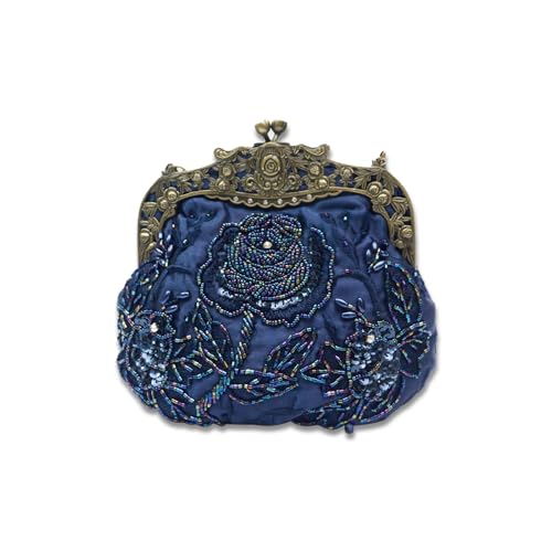 CORIOS Vintage 1920s Abendtasche Damen Floral Clutch Tasche Handgemachte Perle Handtasche Klein Tasche Elegante Schultertasche Kette Umhängetasche für Hochzeit Bankett-Party Abschlussball Blau von CORIOS